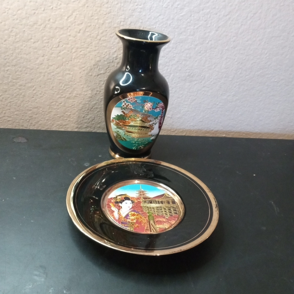 EXQUISITE Pair of Chokin Japanese Art 6" Bud Vase & Trinket Plate Set